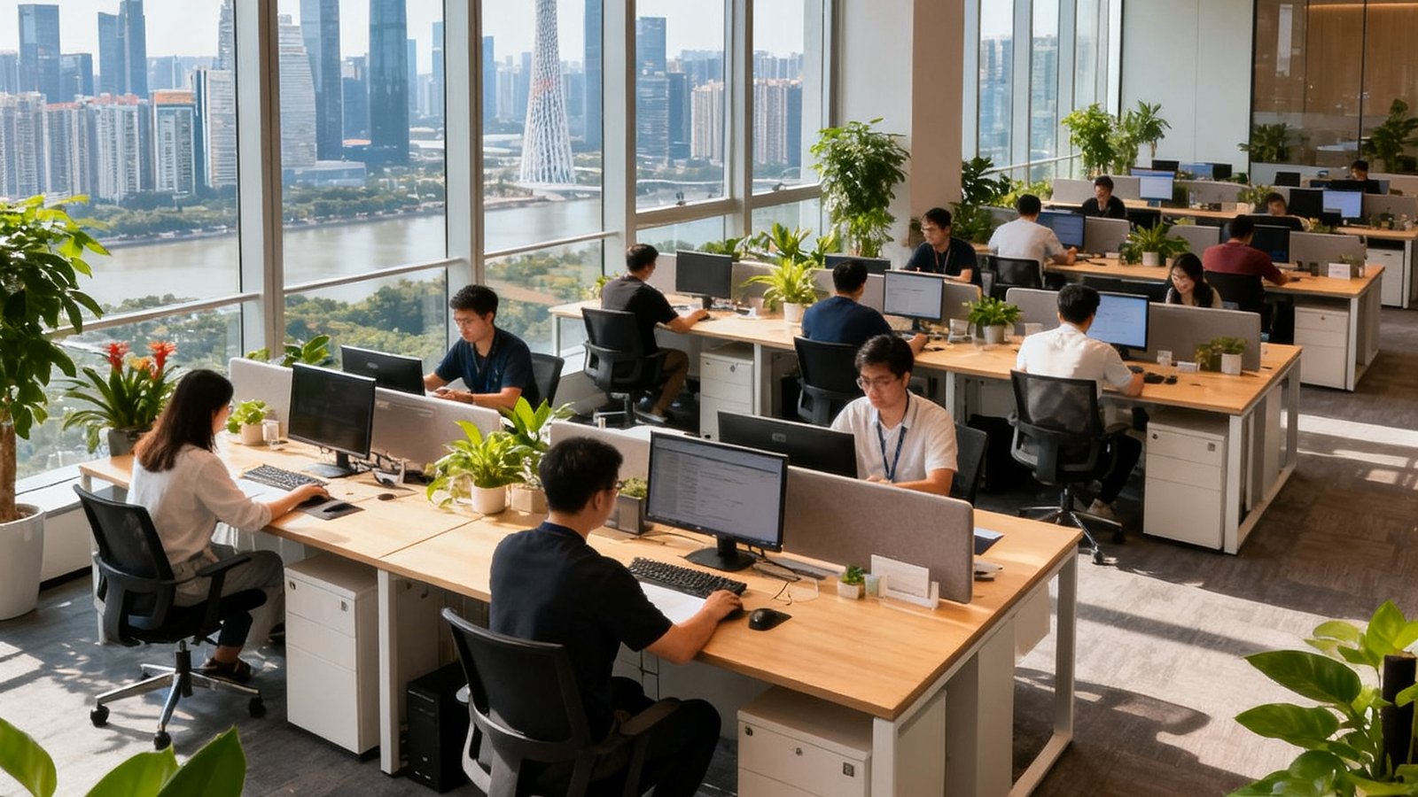 彩神Vll广州总部办公室全景，开放式工位区域中数十名员工专注工作，落地窗外可见广州天河CBD城市天际线，室内绿植点缀营造健康办公氛围。