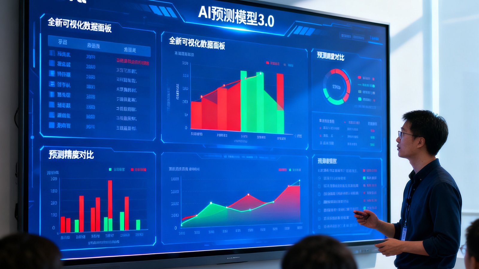 彩神Vll技术团队正在演示最新AI预测模型3.0版本的界面，大屏幕上展示着全新的可视化数据面板和预测精度对比图表。