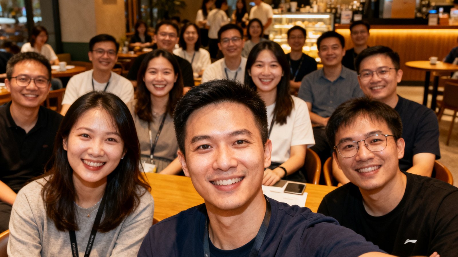 彩神Vll在深圳举办的线下用户沙龙活动现场，约50名用户围坐交流，背景是温馨的咖啡厅环境，大家笑容满面地合影留念。