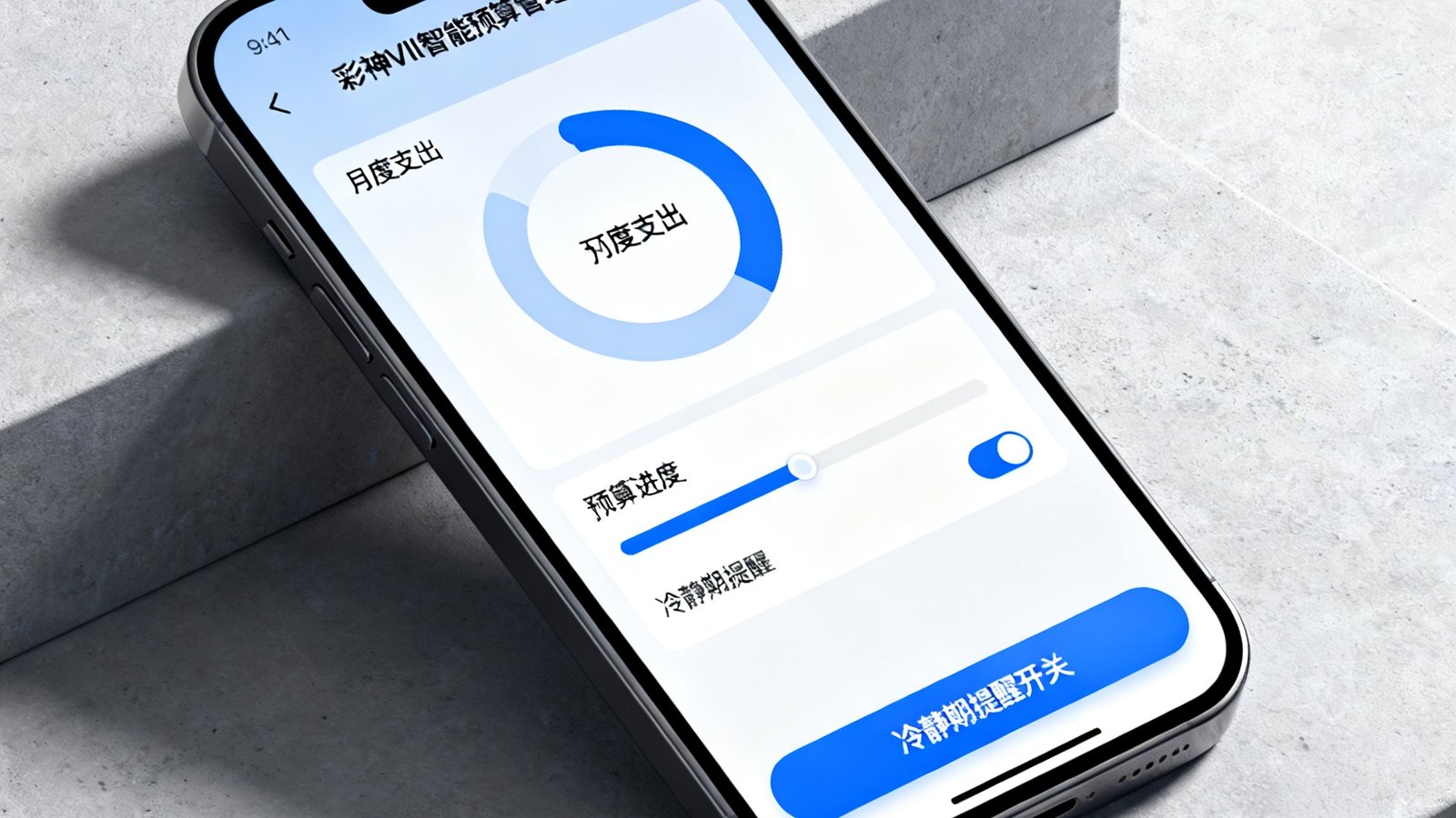 彩神Vll智能预算管理工具的手机界面截图，显示月度支出环形图、预算进度条和冷静期提醒开关，设计简洁直观易操作。
