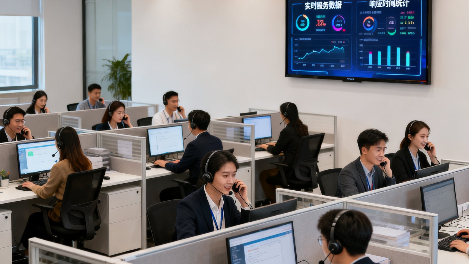 彩神Vll客服中心全景，数十名客服人员坐在工位上通过电话和在线聊天工具为用户解答疑问，墙上电子屏显示实时服务数据和响应时间统计。