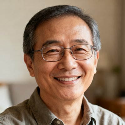 一位戴着眼镜的中年男士微笑头像，穿着休闲衬衫，背景是柔和的居家环境，体现真实用户的亲切感。
