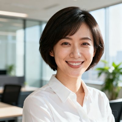 一位短发的职业女性头像，面带自信微笑，穿着简洁的白色衬衫，背景为明亮的办公室环境，展现都市白领形象。
