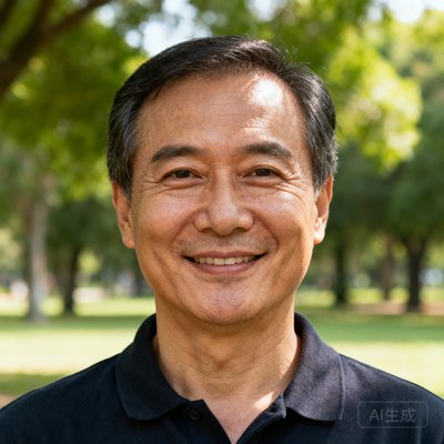 一位面带温和笑容的中年男士头像，穿着深色polo衫，眼神沉稳，背景为户公园绿树景观，体现成熟稳重气质。